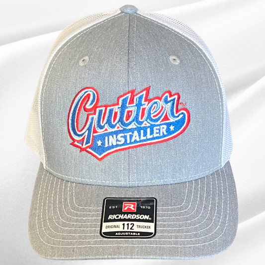 Gutter Installer Logo Hat - Gray Front White Mesh